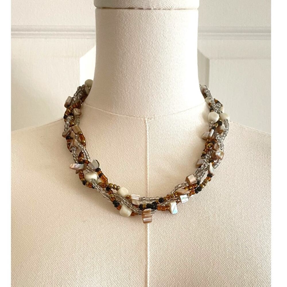 Vintage Multi-Strand Twisted Bead & Shell Necklace Boho Choker